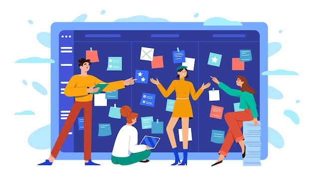 Free Vector flat business team at scrum board with sticky notes teamwork working together discussing and organizing project schedule scheme methodology group of people programming with tasks tracker in office