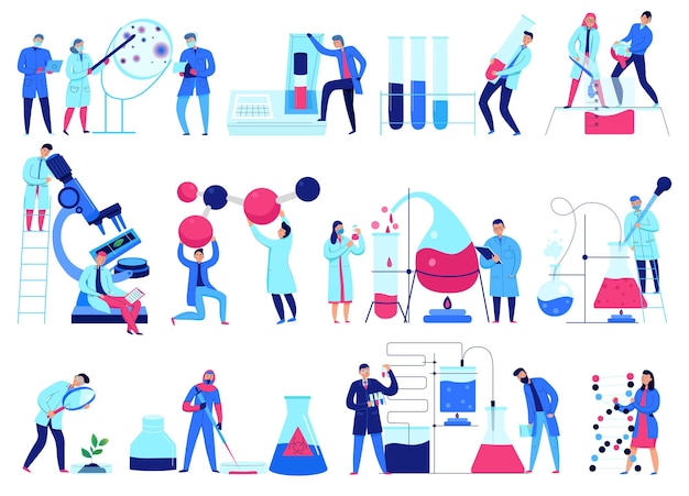 Free Vector flat design icons set with scientists working in science laboratory isolated on white background vector illustration