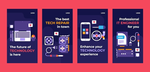 Free Vector flat design tech repair instagram stories set