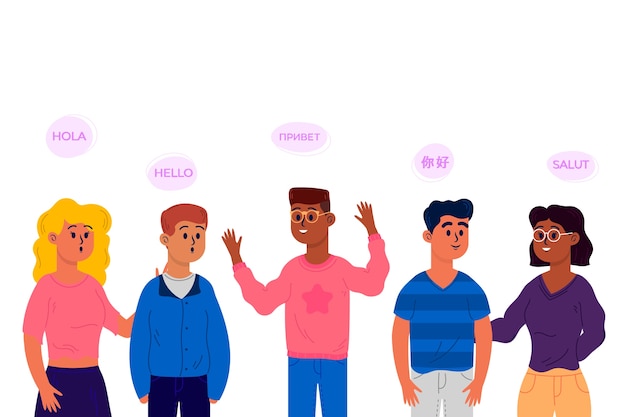 Free Vector flat design young people talking in different languages collection