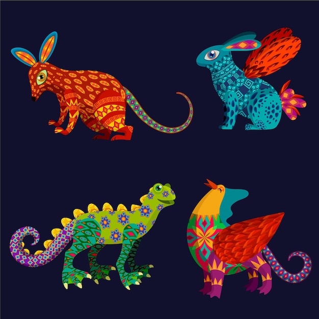 Free Vector flat dia de muertos alebrijes collection