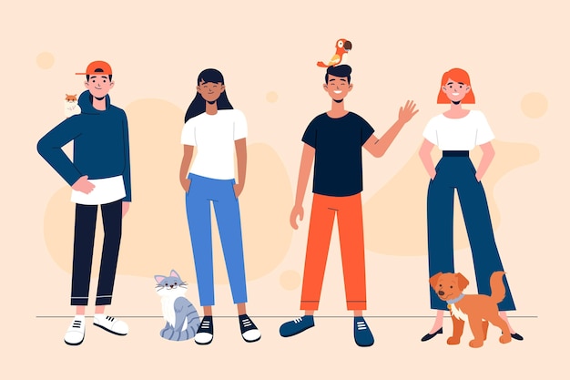 Free Vector flat different people with pets