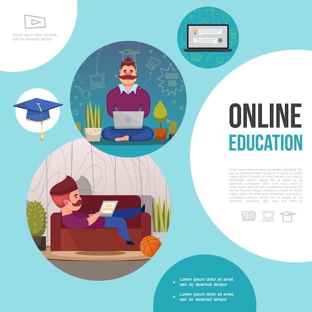 Free Vector flat e-learning template with men studying on laptop at home notebook and graduation cap 