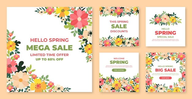 Free Vector flat floral spring instagram posts collection