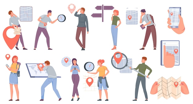 Free Vector flat geolocation set with people using online navigators and maps to reach destination isolated vector illustration