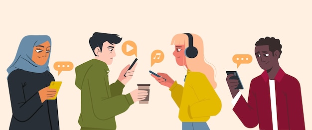 Free Vector flat-hand drawn young people using smartphones