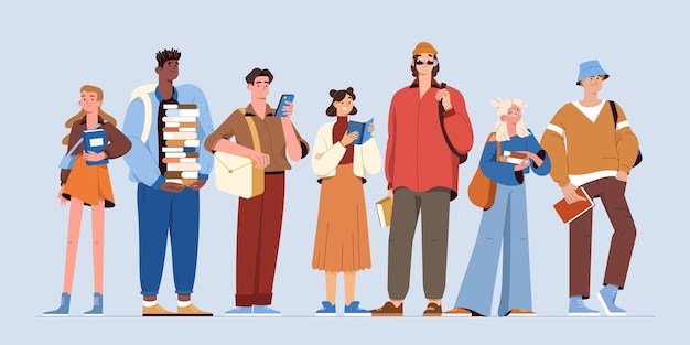 Free Vector flat happy college or university students with books and backpacks