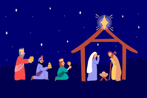 Free Vector flat illustration of reyes magos arriving to the nativity scene
