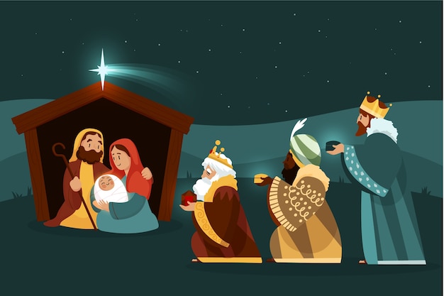 Free Vector flat illustration of reyes magos arriving to the nativity scene