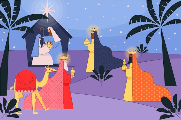 Free Vector flat illustration of reyes magos arriving to the nativity scene