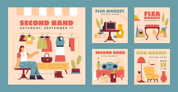 Free Vector flat instagram posts collection for second-hand flea market event