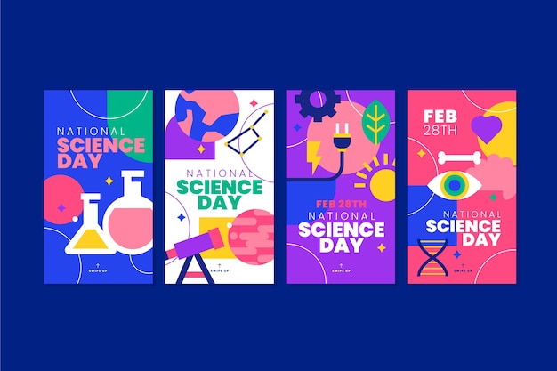 Free Vector flat national science day instagram stories collection