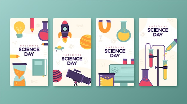 Free Vector flat national science day instagram stories collection