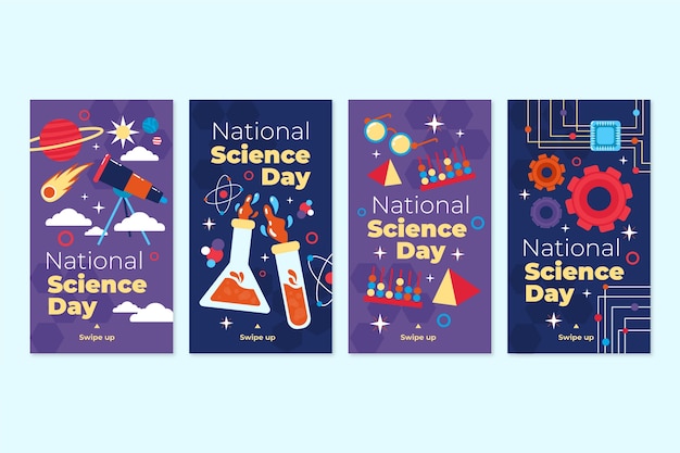 Free Vector flat national science day instagram stories collection