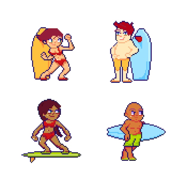 Free Vector flat pixel arts surfers collection