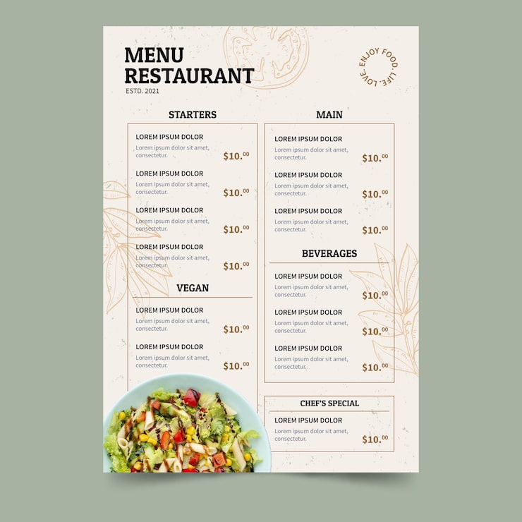 Free Vector flat rustic vegan restaurant menu with photo