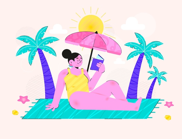 Free Vector flat summer reading books illustration with woman on the beach