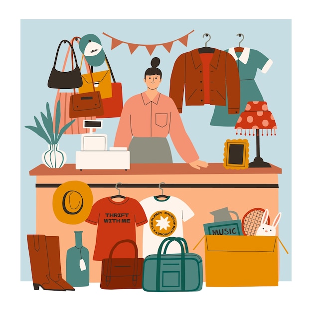 Free Vector flat thrift store shopping experience illustration