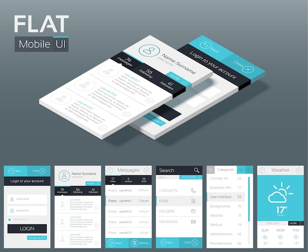 Free Vector flat ui design concept with different screens buttons and web elements for mobile navigation menu