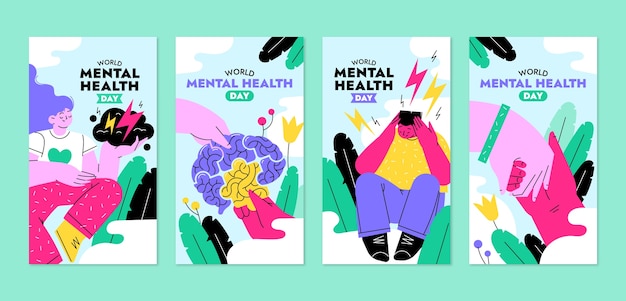 Free Vector flat world mental health day instagram stories collection