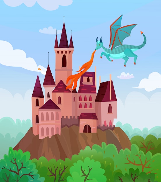 Free Vector flying dragon castle composition