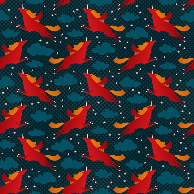 Free Vector flying red unicorns seamless pattern with clouds and stars flat