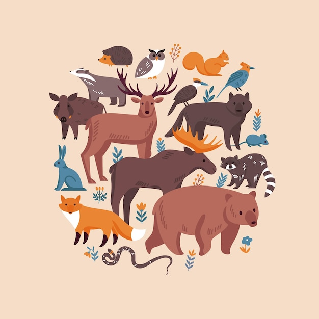 Free Vector forest animals round composition of wild flowers and grass icons with various animals and bird images vector illustration