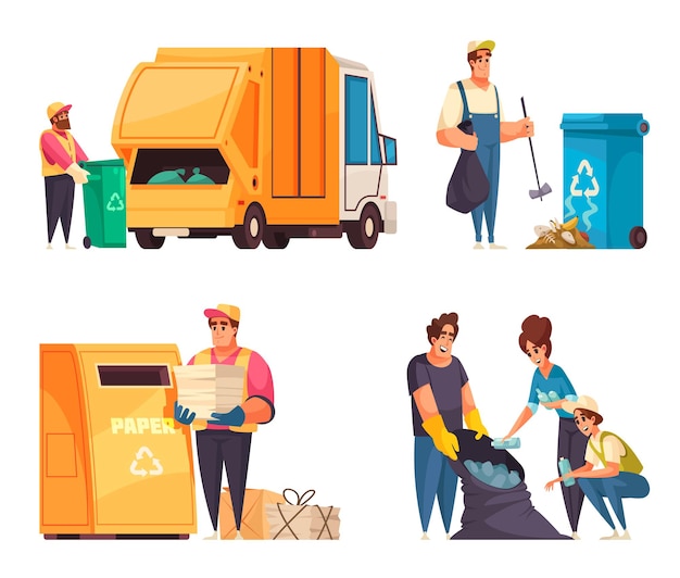 Free Vector four cartoon compositions set with happy people collecting and sorting garbage isolated on white background vector illustration