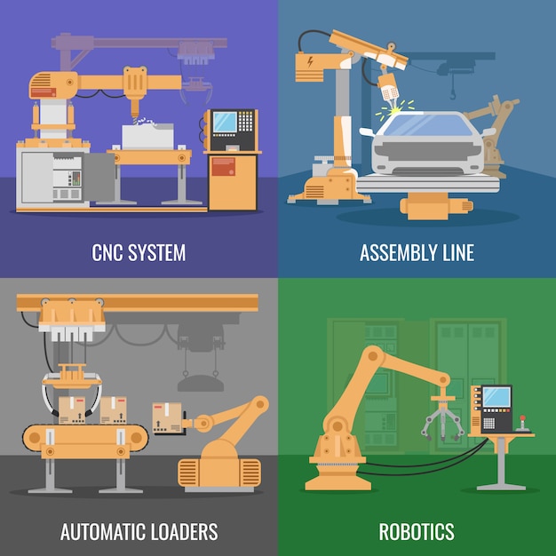 Free Vector four square automated assembly icon set with descriptions of cnc system assembly line automatic loaders and robotics vector illustration