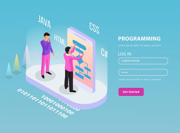 Free Vector freelance programming isometric composition with two programmers on work and log in password lines illustration