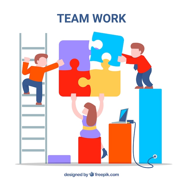 Free Vector fun teamwork with characters and puzzle pieces