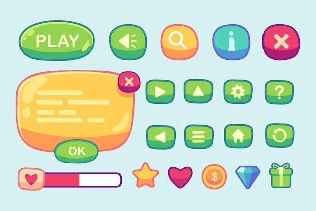 Free Vector game ui kit set of user interface gui to build 2d games casual game vector can be used in mobile or web games vector illustration