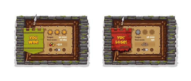 Free Vector game win and lose banners with stone brick frame