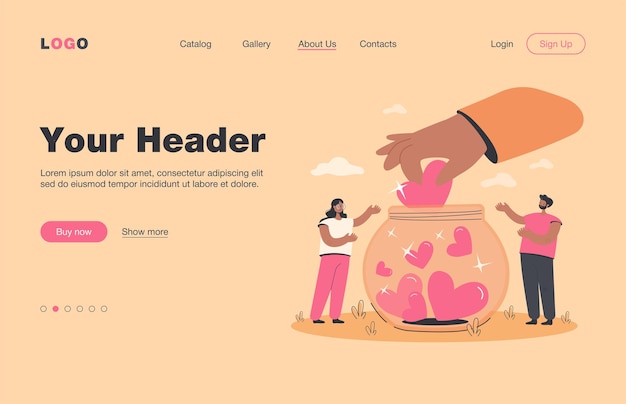 Free Vector generous tiny people collecting hearts in jar isolated flat  landing page.. cartoon volunteers giving hope, support and love. charity, donation and social community concept