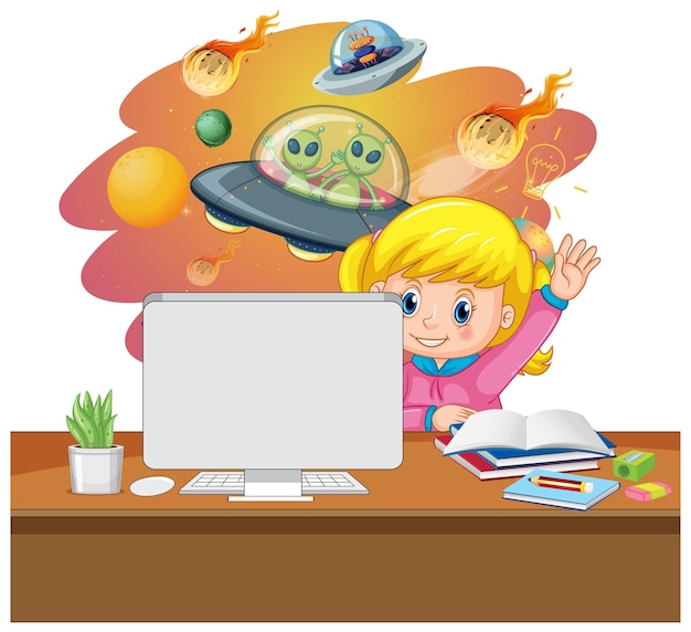 Free Vector a girl study in front of computer