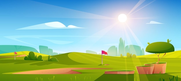 Free Vector golf course nature landscape, green grass, flag