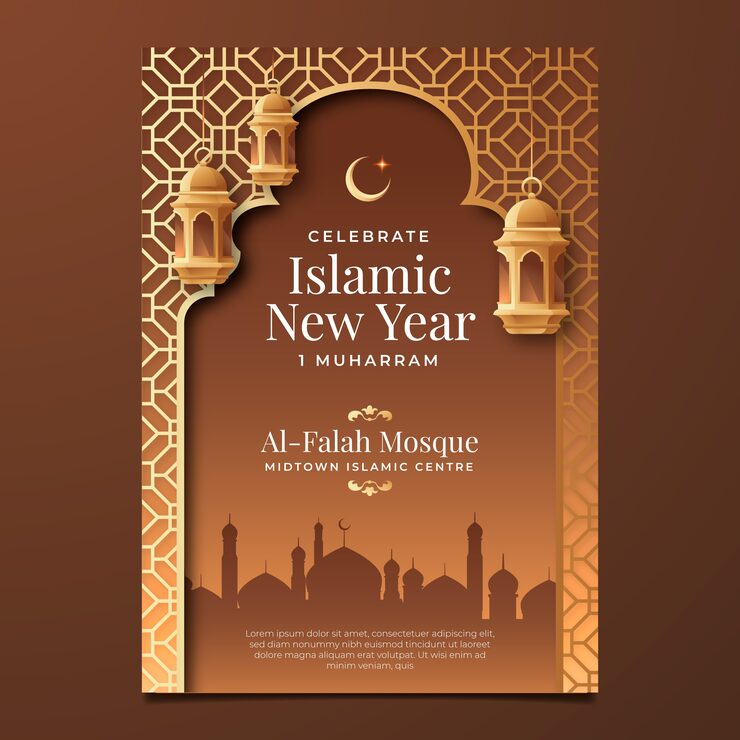 Free Vector gradient islamic new year vertical poster template with city and lanterns