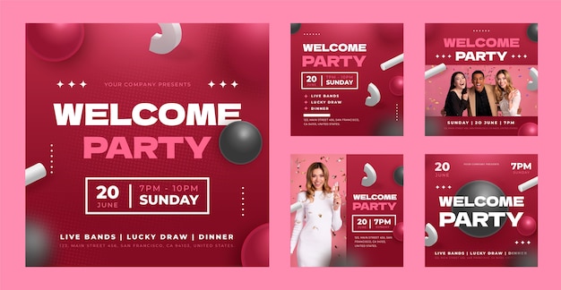 Free Vector gradient  welcome party instagram post set
