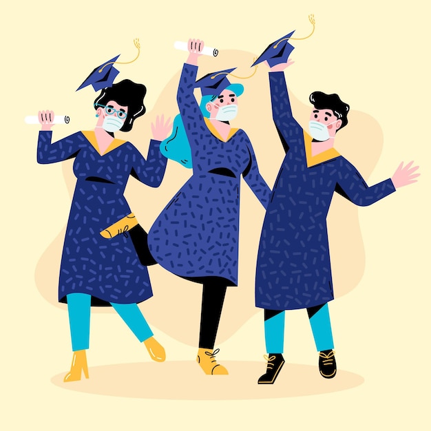 Free Vector graduates wearing medical masks