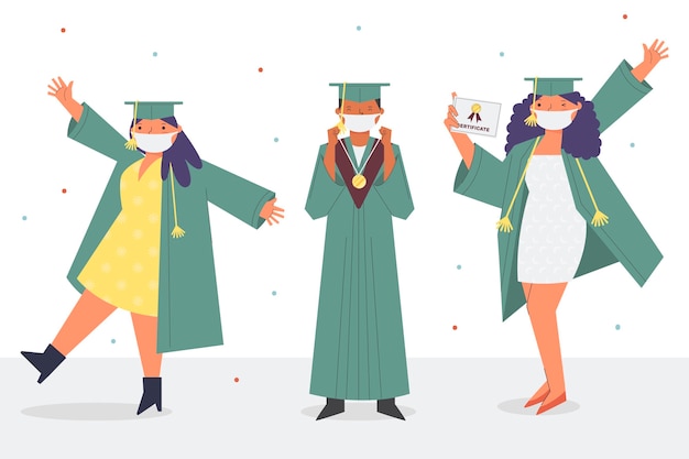 Free Vector graduates wearing medical masks