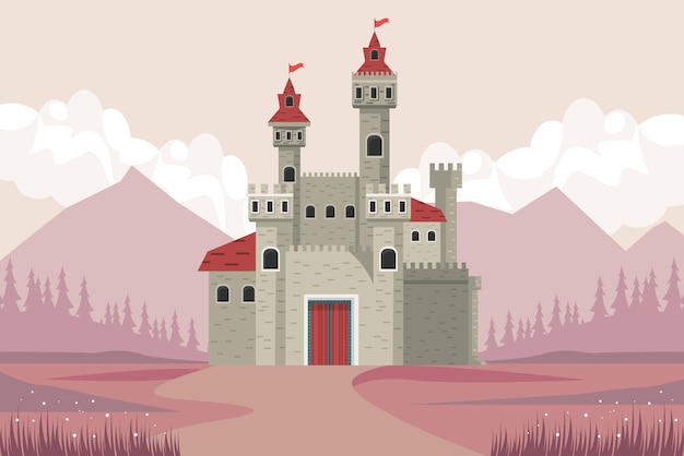 Free Vector gray castle in pink landscape scene