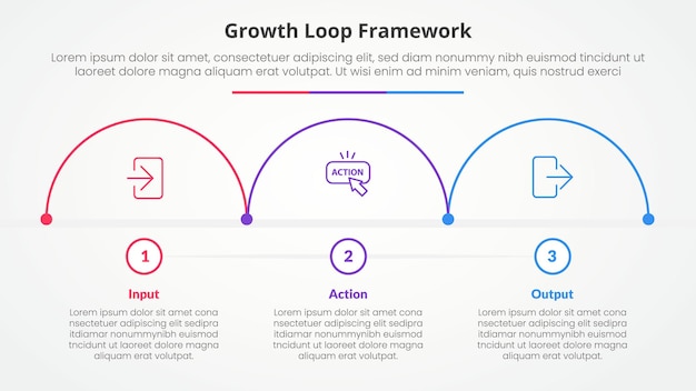 Free Vector growth loop framework infographic concept for slide presentation with half circle outline horizontal direction with 3 point list with flat style