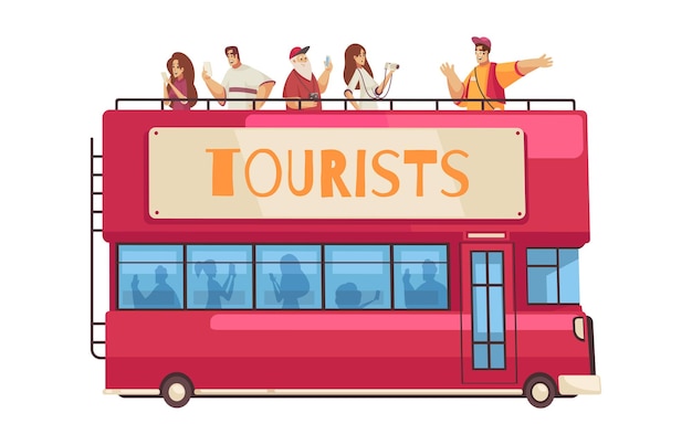 Free Vector guide excursion composition with characters of guide and group of tourists on top of sightseeing bus vector illustration