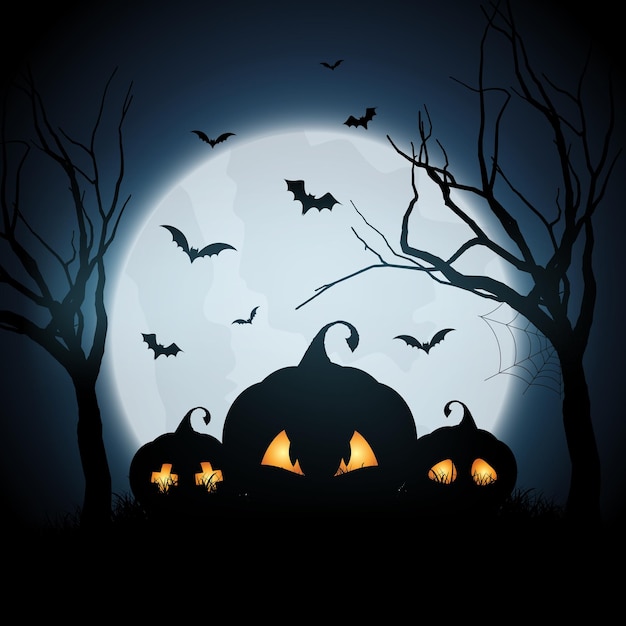 Free Vector halloween background with pumpkins in spooky landscape
