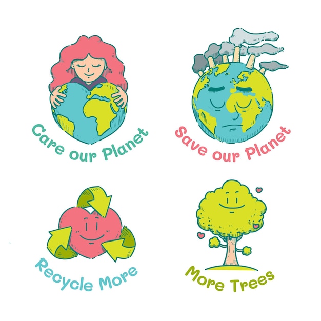 Free Vector hand drawn climate change badges collection
