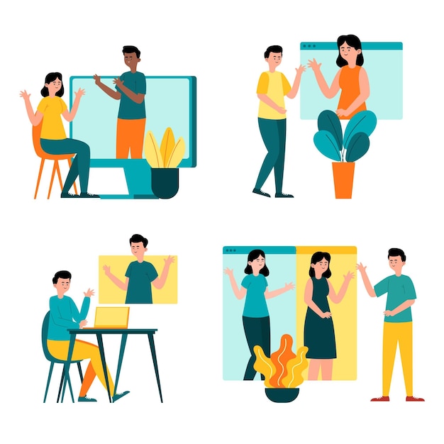 Free Vector hand drawn friends videoconferencing scenes set