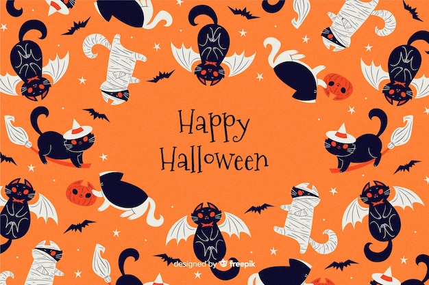 Free Vector hand drawn halloween background with black cats