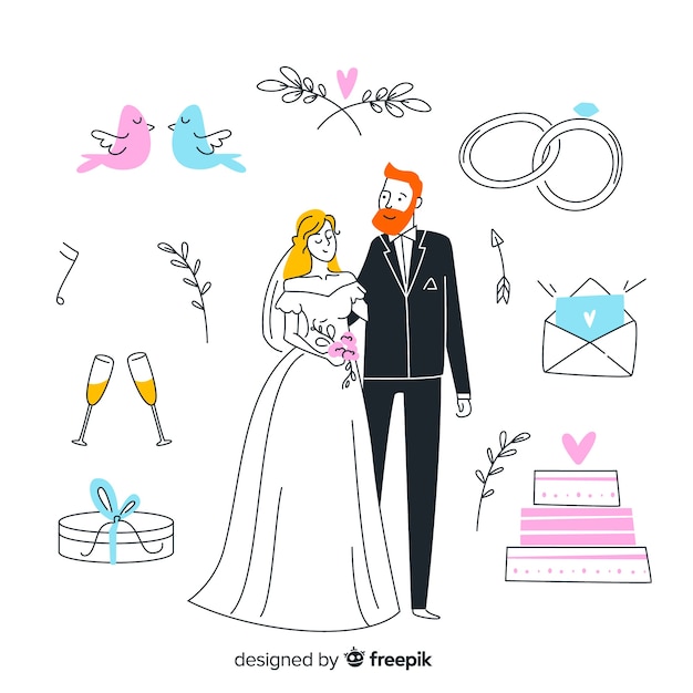 Free Vector hand drawn wedding couple and elements