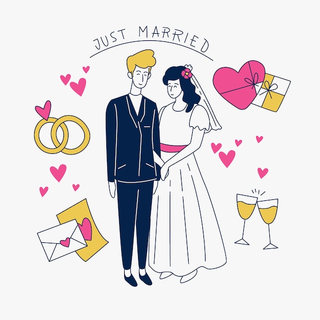 Free Vector hand drawn wedding couples with just married sign