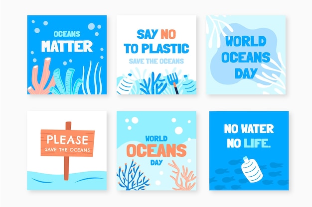 Free Vector hand drawn world oceans day instagram posts collection